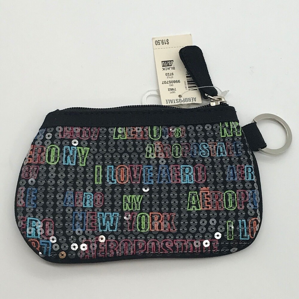 Aéropostale Makeup Bag Black Sequined I Love Aero Zippered Cosmetic Pouch NWT